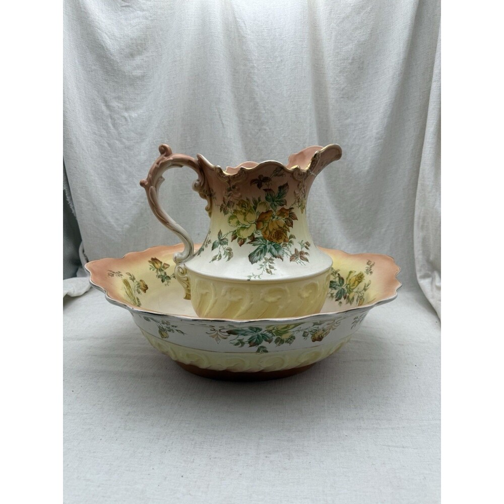 Antique Burton K & Co Late Mayers Wash Basin Pitcher Set England Floral Cottage